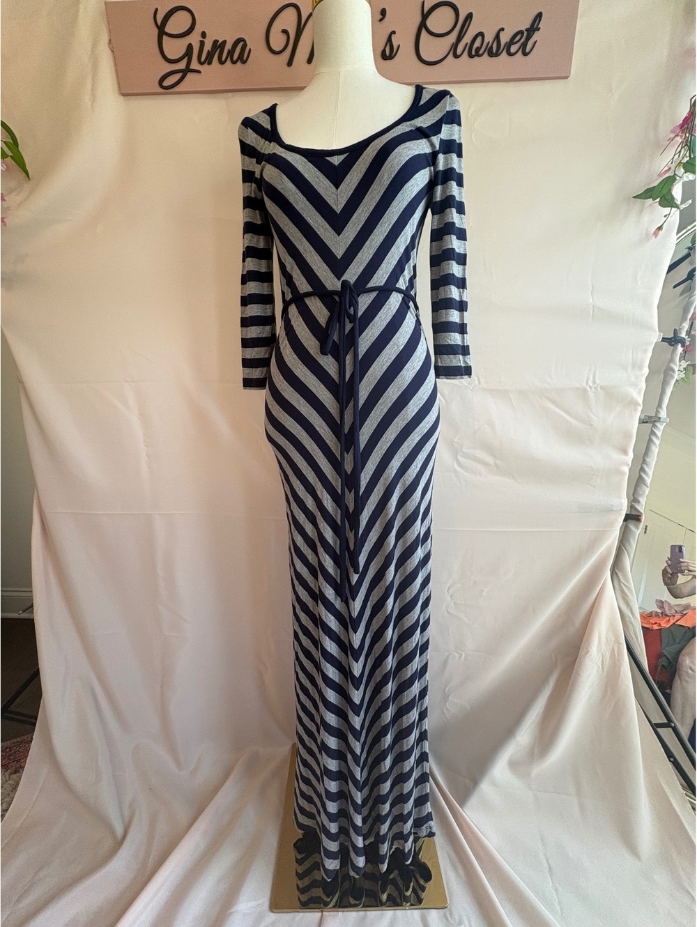 Calvin Klein Women's Navy and Gray Striped Maxi Dress with Tie Waist Size 4